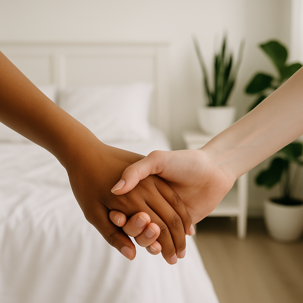 primer plano de las manos de dos mujeres, una latina y una de tes blanca, están tomándose de la mano, fondo de un dormitorio en tonos blancos con plantas de fondo 